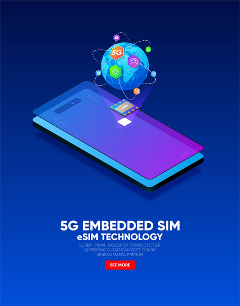 New mobile communication, eSIM card chip technology. Embedded SIM concept. 5G Vector illustration - Vector, Image