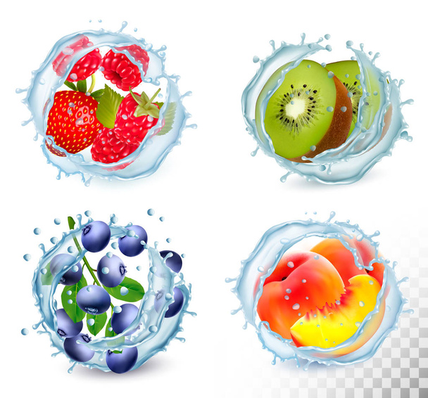 Set van verschillende water spatten met fruit en bessen. Strawber - Vector, afbeelding