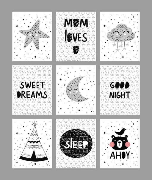 Set of vector prints in Scandinavian style, childish lettering.Vector illustrations for invitations, greeting cards, posters - Vector, Image