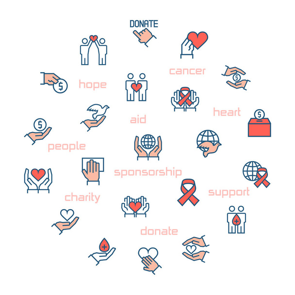 Charity, sponsorship,donation and donor icons in circle. Vector illustration. - Vector, Image