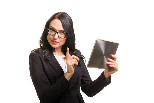 Portrait of business woman in eyeglasses holding tablet computer - Foto, Imagem