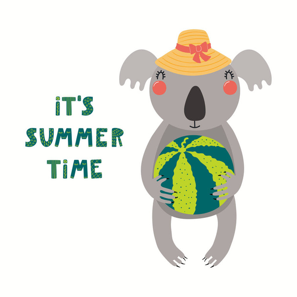 Illustration vectorielle dessinée à la main d'un joli koala avec pastèque et lettrage citation Son heure d'été isolé sur fond blanc. Design plat de style scandinave. Concept pour les enfants d'été imprimer
 - Vecteur, image