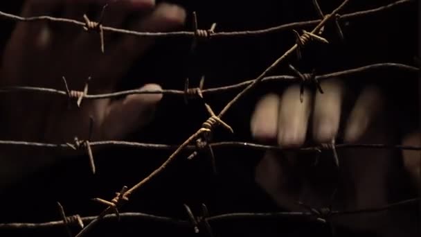 Hands of a man shaking rusty barbed wire in the dark lit by hard light. 4K video. - Footage, Video