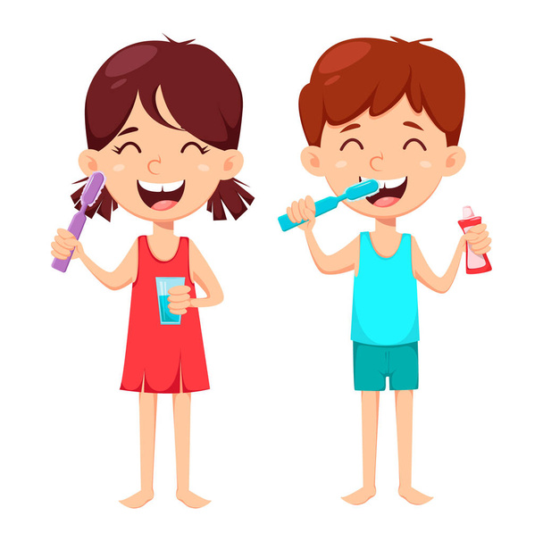 Günlük diş hijyeni. Erkek ve kız diş fırçalama - Vektör, Görsel