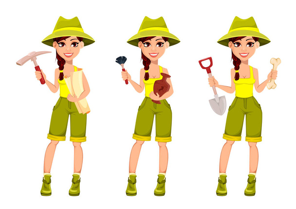 Woman archaeologist. Cute cartoon character - Vector, Image