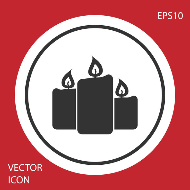 Grey Burning candles icon isolated on red background. Old fashioned lit candles. Cylindrical aromatic candle sticks with burning flames. Circle button. Vector Illustration - Vector, Image