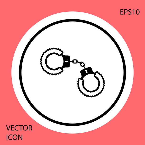 Black Sexy fluffy handcuffs icon isolated on red background. Handcuffs with fur. Fetish accessory. Sex shop stuff for sadist and masochist. White circle button. Vector Illustration - Vector, Image