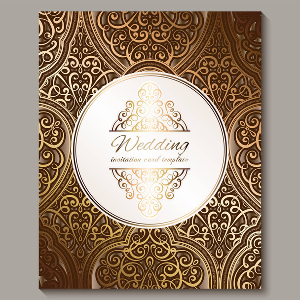 Wedding invitation card with bronze and gold shiny eastern and baroque rich foliage. Ornate islamic background for your design. Islam, Arabic, Indian, Dubai. - Вектор, зображення
