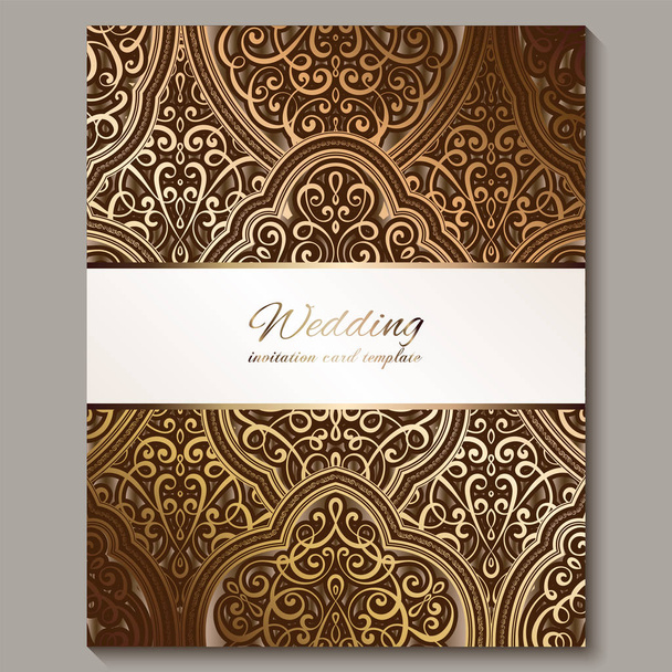 Hochzeitseinladungskarte mit bronzefarbenem und goldglänzendem orientalischen und barocken Blattwerk. Der islamische Hintergrund Ihres Entwurfs ist verschwenderisch. Islam, Arabisch, Indisch, Dubai. - Vektor, Bild