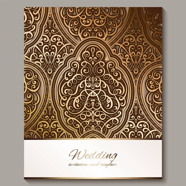 Hochzeitseinladungskarte mit bronzefarbenem und goldglänzendem orientalischen und barocken Blattwerk. Der islamische Hintergrund Ihres Entwurfs ist verschwenderisch. Islam, Arabisch, Indisch, Dubai. - Vektor, Bild
