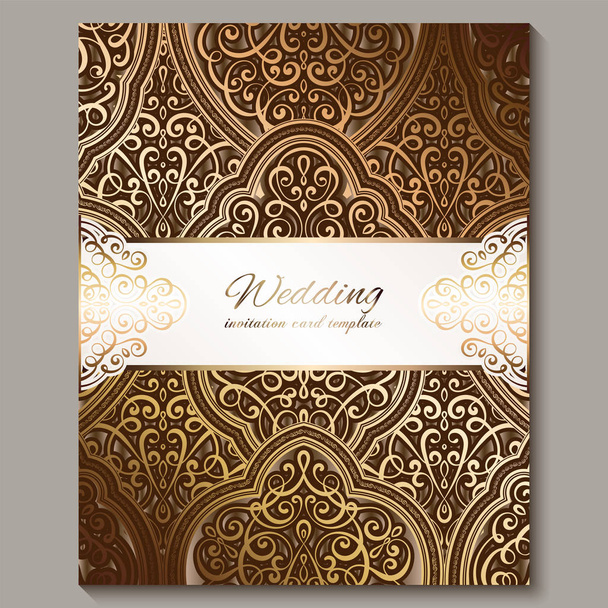 Bronz ve altın parlak doğu ve barok zengin yaprakları ile Düğün davetiye kartı. Tasarımınız için süslü İslami arka plan. İslam, Arapça, Hint, Dubai. - Vektör, Görsel
