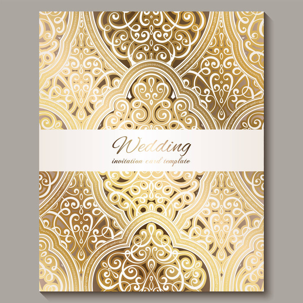 Carte d'invitation de mariage avec un feuillage riche oriental et baroque brillant doré. Arrière-plan islamique décoré pour votre design. Islam, arabe, indien, Dubaï
. - Vecteur, image