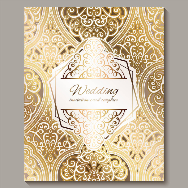 Esküvői meghívó arany fényes keleti és barokk gazdag lombozaton. Díszes iszlám háttér a tervezési. Iszlám, Arab, indiai, Dubai. - Vektor, kép