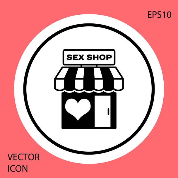 Здание секс-шопа с полосатым тентом на красном фоне. Секс-шоп, интернет-секс-шоп, концепция эротических продуктов для взрослых. Кнопка белого круга. Векторная миграция
 - Вектор,изображение