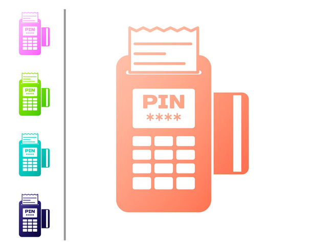 Terminál Coral POS s vloženou kreditní kartou a tištěnou ikonou, která je izolovaná na bílém pozadí. Koncept platby NFC. Nastavit ikonu v barevných tlačítkách. Vektorová ilustrace - Vektor, obrázek