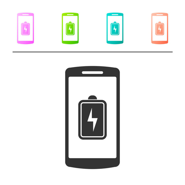 Grey Smartphone battery charge icon isolated on white background. Phone with a low battery charge. Set icon in color buttons. Vector Illustration - ベクター画像