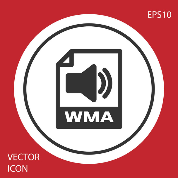 Szürke WMA fájl dokumentum ikonja. Letölt WMA gomb ikon elszigetelt-ra piros háttér. WMA fájl szimbólumát. WMA zene formátum jel. Fehér kör gomb. Vektoros illusztráció - Vektor, kép