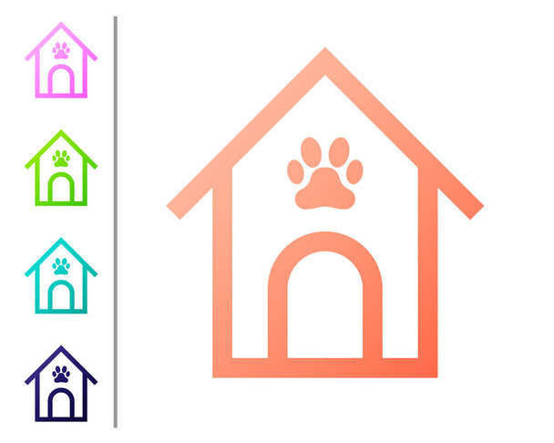 Dům korálových psů a tlapy v mazlíčku izolované na bílém pozadí. Psí boudy. Nastavte barevné ikony. Vektorová ilustrace - Vektor, obrázek