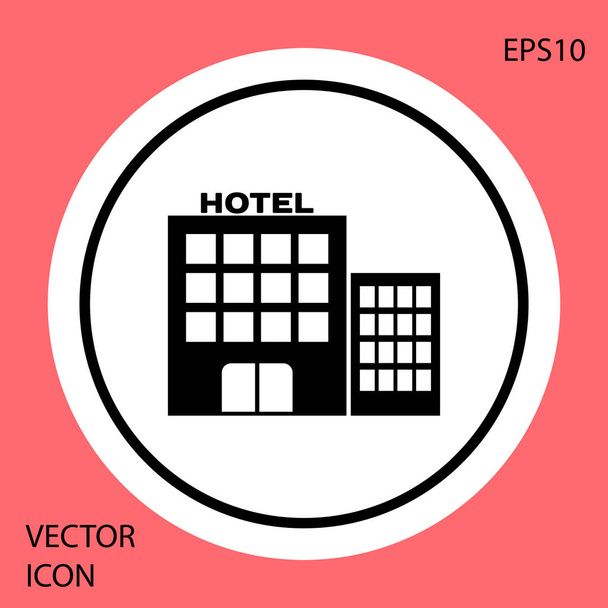 赤い背景に隔離されたブラックホテルの建物のアイコン。白い円のボタン。ベクトルイラストレーション - ベクター画像