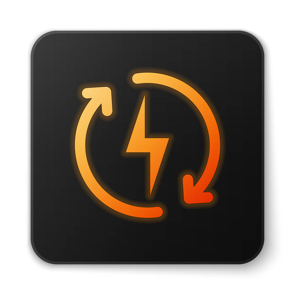 Pomarańczowa świecąca ikona ładowania na białym tle. Znak energii elektrycznej. Czarny kwadrat przycisk. Ilustracja wektorowa - Wektor, obraz