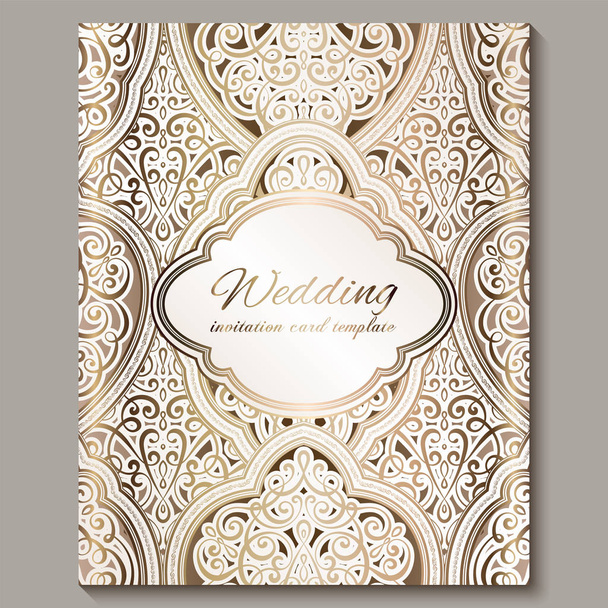 Bruiloft uitnodigingskaart met gouden glanzend oostelijke en barokke rijke gebladerte. Sierlijke islamitische achtergrond voor je ontwerp. Islam, Arabic, Indian, Dubai. - Vector, afbeelding