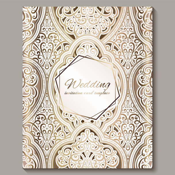 Tarjeta de invitación de boda con oro brillante follaje rico oriental y barroco. Fondo islámico adornado para su diseño. Islam, árabe, indio, Dubai
. - Vector, imagen