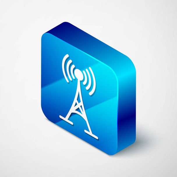 Icona dell'antenna isometrica isolata su sfondo bianco. antenna radio wireless. Tecnologia e antenna radio segnale di rete. Pulsante quadrato blu. Illustrazione vettoriale
 - Vettoriali, immagini