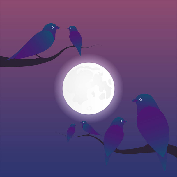 Birds in love are sitting on the background of the moon. Vector illustration. - Vettoriali, immagini