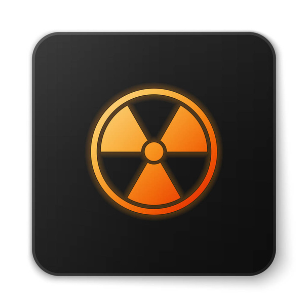 オレンジ色の輝く放射性アイコンは、白い背景に分離されています。放射性毒性記号放射線ハザードサイン。黒い正方形のボタン。ベクトルイラストレーション - ベクター画像