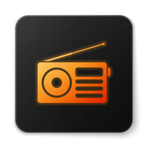 白い背景に隔離されたアンテナアイコンを持つオレンジ色の輝くラジオ。黒い正方形のボタン。ベクトルイラストレーション - ベクター画像