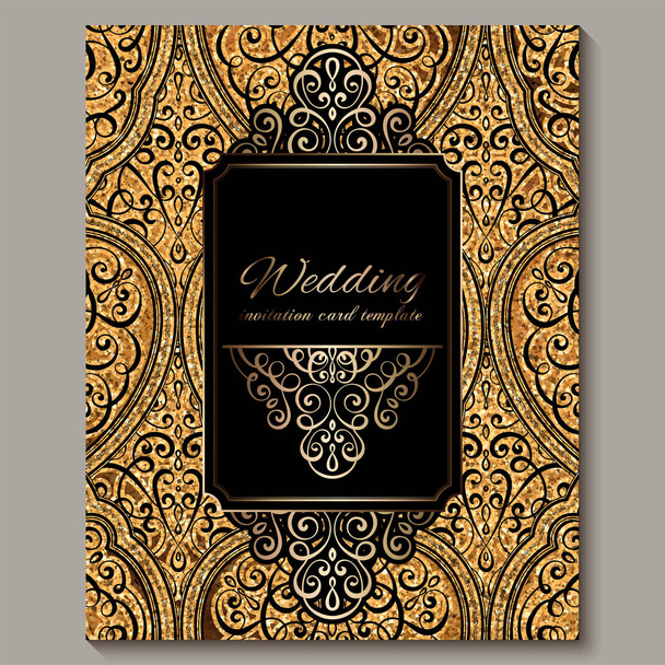 Wedding invitation card with black and gold shiny eastern and baroque rich foliage with sparkly glitter. Ornate islamic background for your design. Islam, Arabic, Indian, Dubai. - Vektör, Görsel