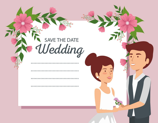 bruiloft kaart met paar en bloemen planten - Vector, afbeelding