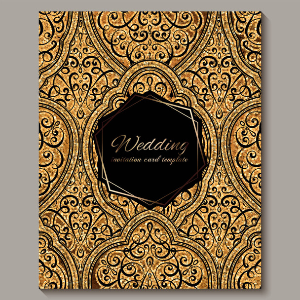 Hochzeitseinladungskarte mit schwarz-gold glänzendem orientalischem und barockem Blattwerk mit funkelndem Glanz. Der islamische Hintergrund Ihres Entwurfs ist verschwenderisch. Islam, Arabisch, Indisch, Dubai. - Vektor, Bild