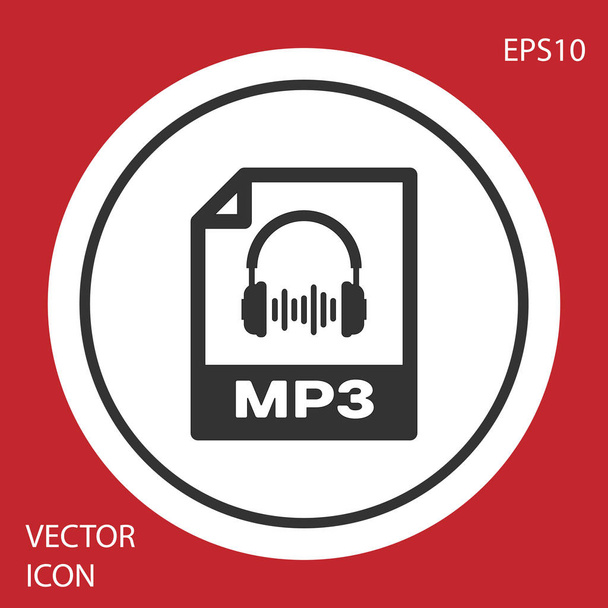 Ikona dokumentu šedého MP3 souboru. Ikona tlačítka MP3 Stáhnout je izolovaná na červeném pozadí. Symbol formátu MP3 Music. Symbol souboru MP3. Tlačítko Bílého kruhu. Vektorová ilustrace - Vektor, obrázek