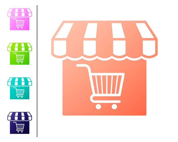 Coral Shopping building or market store with shopping cart icon isolated on white background. Shop construction. Supermarket basket symbol. Set color icons. Vector Illustration - Vector, Image
