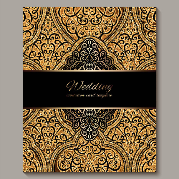 Hochzeitseinladungskarte mit schwarz-gold glänzendem orientalischem und barockem Blattwerk mit funkelndem Glanz. Der islamische Hintergrund Ihres Entwurfs ist verschwenderisch. Islam, Arabisch, Indisch, Dubai. - Vektor, Bild