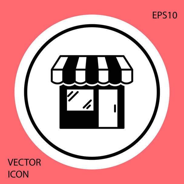 Negro edificio de compras o icono de la tienda de mercado aislado sobre fondo rojo. Construcción de tiendas. Botón círculo blanco. Ilustración vectorial
 - Vector, imagen