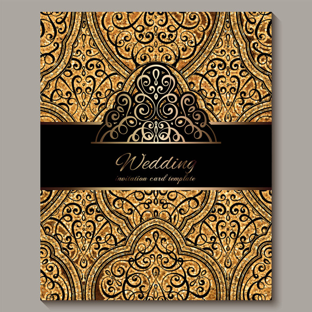 Bruiloft uitnodigingskaart met zwart en goud glanzend Oosterse en barokke rijke loof met sparkly glitter. Sierlijke islamitische achtergrond voor uw ontwerp. Islam, Arabisch, Indisch, Dubai. - Vector, afbeelding