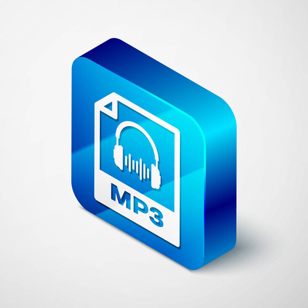 Ikona dokumentu w formacie izometrycznym pliku MP3. Pobierz mp3 ikona przycisku na białym tle. Znak MP3 format muzyczny. Symbolu pliku MP3. Niebieski kwadrat guzik. Ilustracja wektorowa - Wektor, obraz