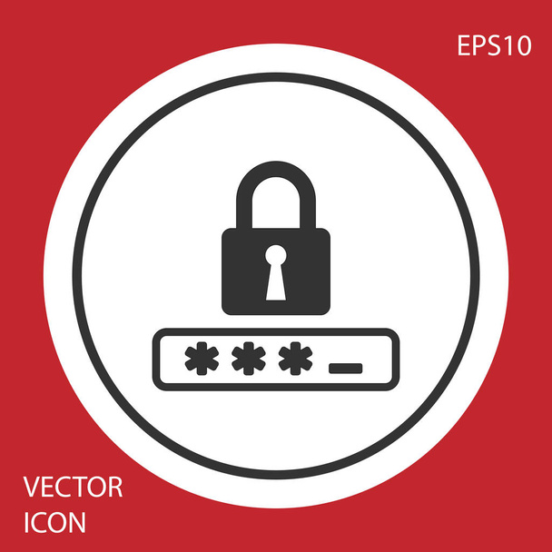 Серый значок защиты пароля и безопасного доступа выделен на красном фоне. Rek icon. Безопасность, безопасность, защита, концепция конфиденциальности. Кнопка белого круга. Векторная миграция
 - Вектор,изображение
