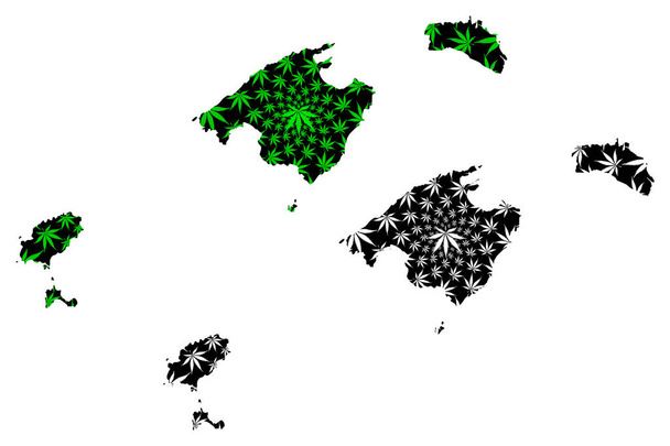 Balearic Islands (Kingdom of Spain, Autonomous community) map is designed cannabis leaf green and black, Mallorca, Menorca, Ibiza and Formentera map made of marijuana (marihuana,THC) foliage, - Vector, Image