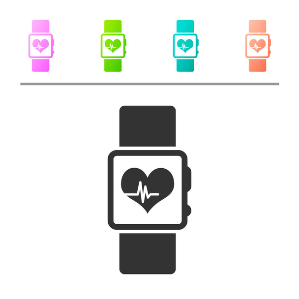 Szary inteligentny zegarek pokazujący ikonę rytmu serca na białym tle. Koncepcja aplikacji fitness. Ustaw ikonę w kolorowych przyciskach. Ilustracja wektorowa - Wektor, obraz