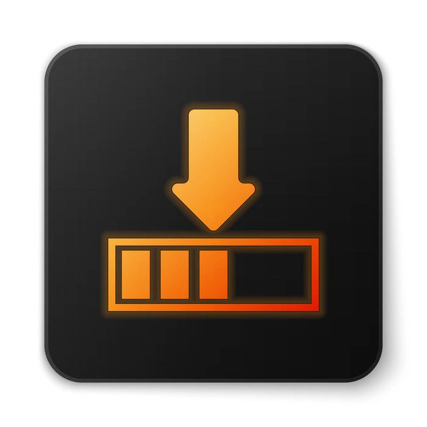 Oranžová zářící ikona načtení izolovaná na bílém pozadí. Probíhá stahování. Ikona ukazatele průběhu Černé čtvercové tlačítko. Vektorová ilustrace - Vektor, obrázek