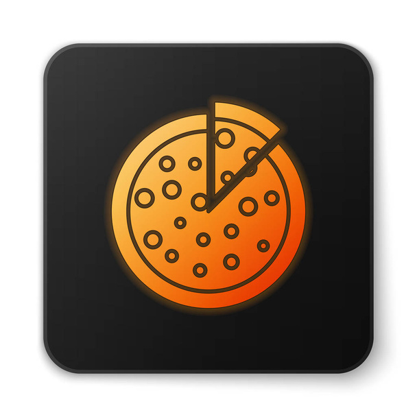 オレンジ色の輝くピザのアイコンは、白い背景に分離されています。黒い正方形のボタン。ベクトルイラストレーション - ベクター画像