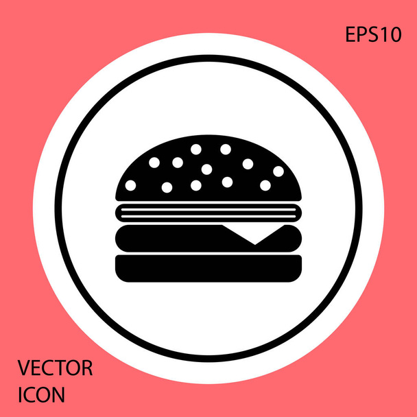 Black Burger icon isolated on red background. Hamburger icon. Cheeseburger sandwich sign. White circle button. Vector Illustration - Vector, Image