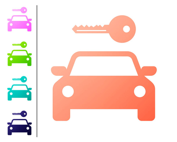 Το εικονίδιο ενοικίασης του Coral Car απομονώνεται σε λευκό φόντο. Νοικιάστε ένα σήμα αυτοκινήτου. Το κλειδί με το αυτοκίνητο. Ιδέα για υπηρεσία επισκευής αυτοκινήτων, κατάστημα ανταλλακτικών. Ορίστε εικονίδια χρωμάτων. Απεικόνιση διανυσματικών φορέων - Διάνυσμα, εικόνα