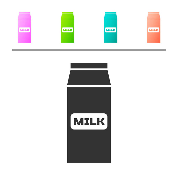 Šedý papírový balíček pro ikonu mléka izolovaný na bílém pozadí. Nápis-mléčný paket. Nastavit ikonu v barevných tlačítkách. Vektorová ilustrace - Vektor, obrázek