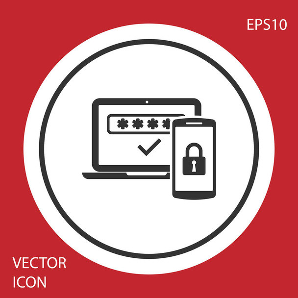 Grey Multi factor, two steps authentication icon isolated on red background. White circle button. Vector Illustration - Vector, Image
