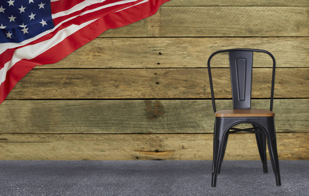 σημαία των ΗΠΑ με μαύρο ατσάλι τοίχου καρέκλα, αμερικανικό - Φωτογραφία, εικόνα