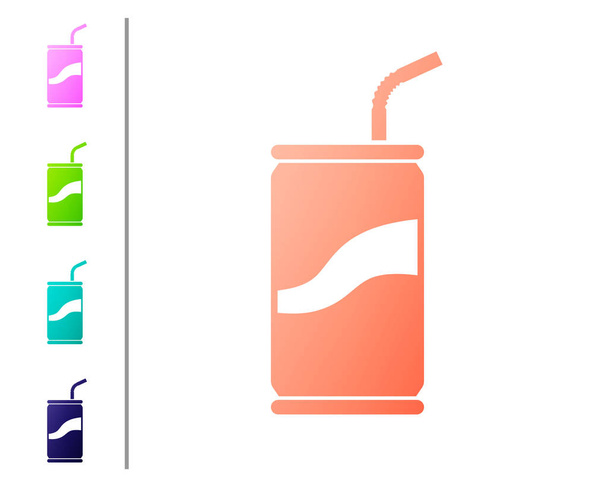 Coral Soda can with drinking straw icon isolated on white background. Set color icons. Vector Illustration - Vector, Image